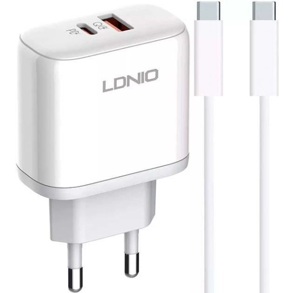 Мережевий зарядний пристрій LDNIO A2526C USB / Type-C QC PD 45W, White + Кабель Type-C to Type-C