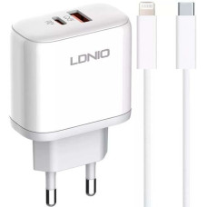 Мережевий зарядний пристрій LDNIO A2526C USB / Type-C QC PD 45W, White + Кабель Type-C to Lightning