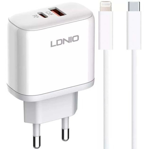 Мережевий зарядний пристрій LDNIO A2526C USB / Type-C QC PD 45W, White + Кабель Type-C to Lightning